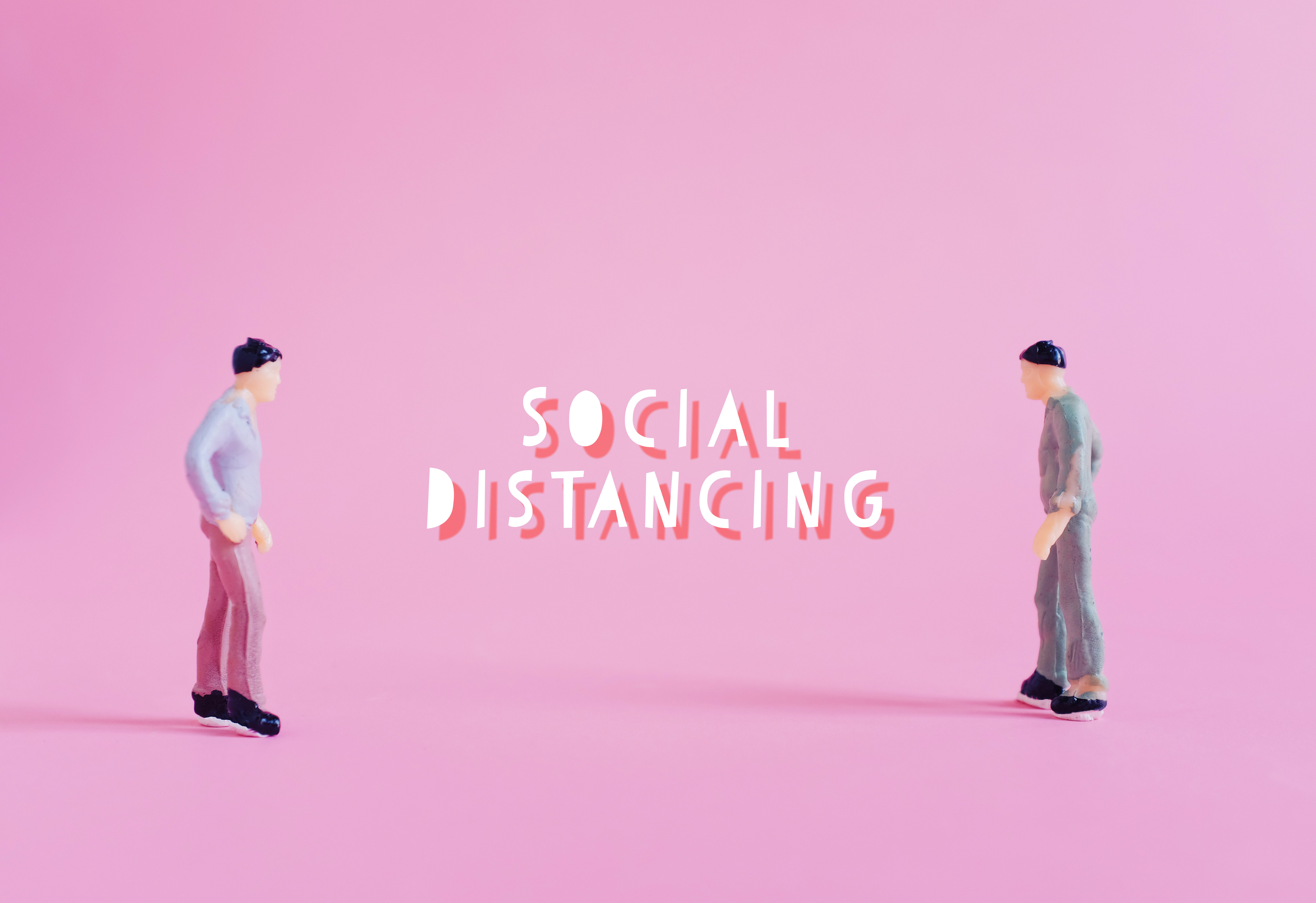 Social distance concept, miniature people standing keep distance